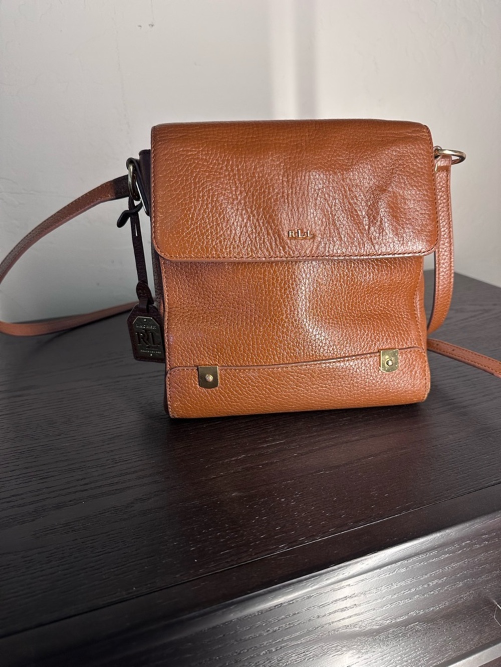 Ralph Lauren Tan Pebbled Leather Messenger Bag